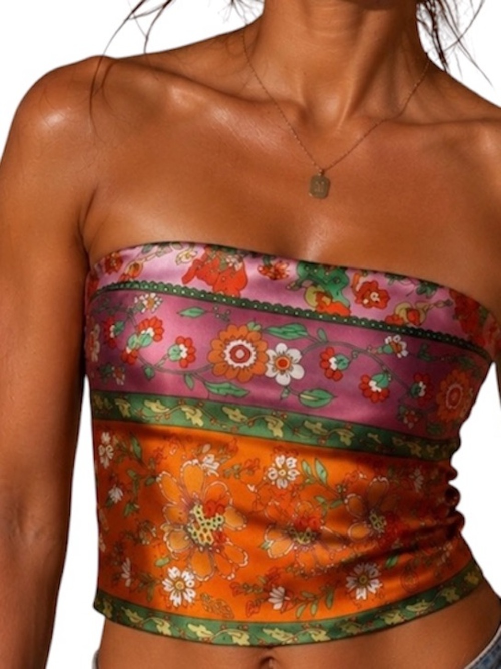 House of Harlow 1960 Satin Pink Orange Green Floral Back Smocked Tube Top S